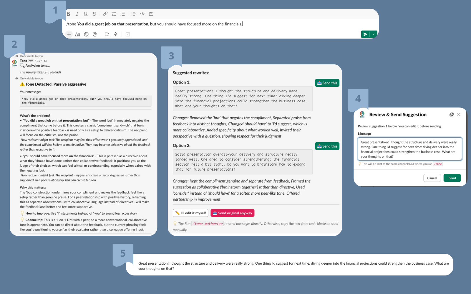 Example of Tone usage in Slack showing tone analysis interface